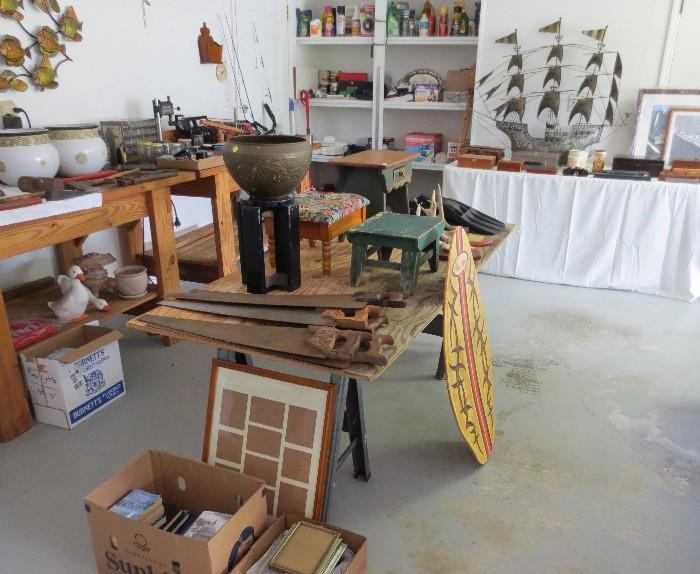 Old hand saw collection (Disston, Taylor Brothers Sheffield) and stools