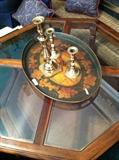 tray and brass candle sticks