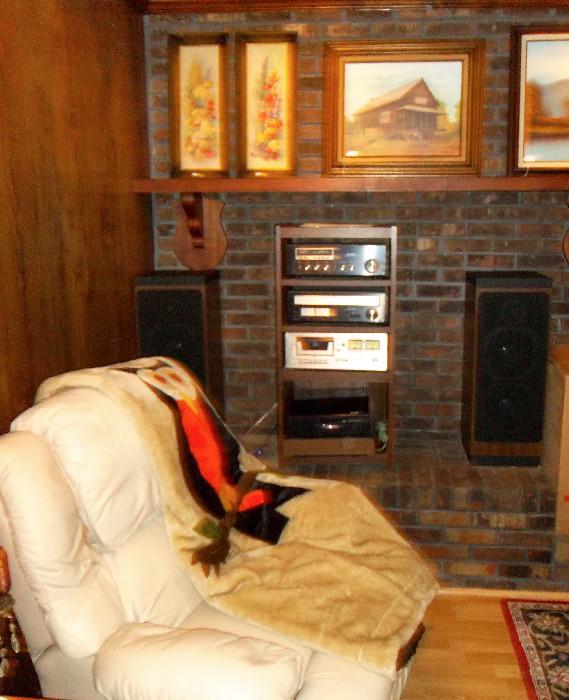 Great sound system shown on hearth! Speakers and components in excellent condition.