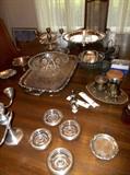 Lots of assorted silverplate trays and servers