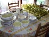 Beautiful casual china - service for 8 with creamer, sugar, and serving pieces.    Heavy 32+ piece set of stemware - iced teas, water glasses, sherbets, juice glasses.  Very good condition!