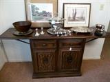 Ideal sized versatile server - leaves can be raised securely in place when needed.   Note framed, signed prints above!   Nice walnut salad bowl, huge chafing dish (with pyrex liner!) and footed serving tray!  