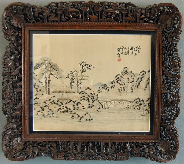 Chinese silk embroidery in carved frame