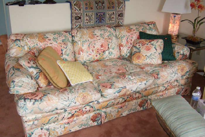 happier floral couch with down cushions $125