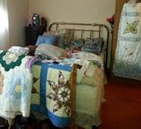 Tall Jewelry Floor Chest, Quilts, Brass Bed