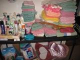 various washcloths towels and bathroom accessories