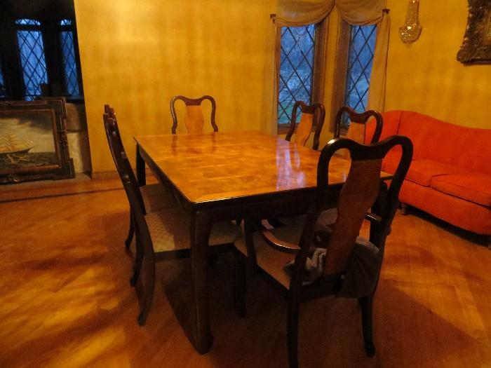 formal dining table, 2 leaves, 8 chairs