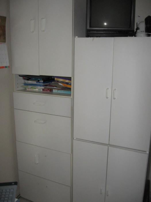 one storage unit white three shelves and four drawers 83 tall, 16 deep, 24 white
