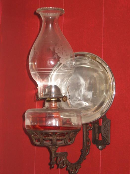 antique wall mount oil lamp from Iowa early 1900s