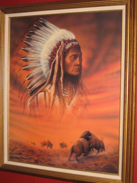framed picture of Indian chief overlooking wild buffalo