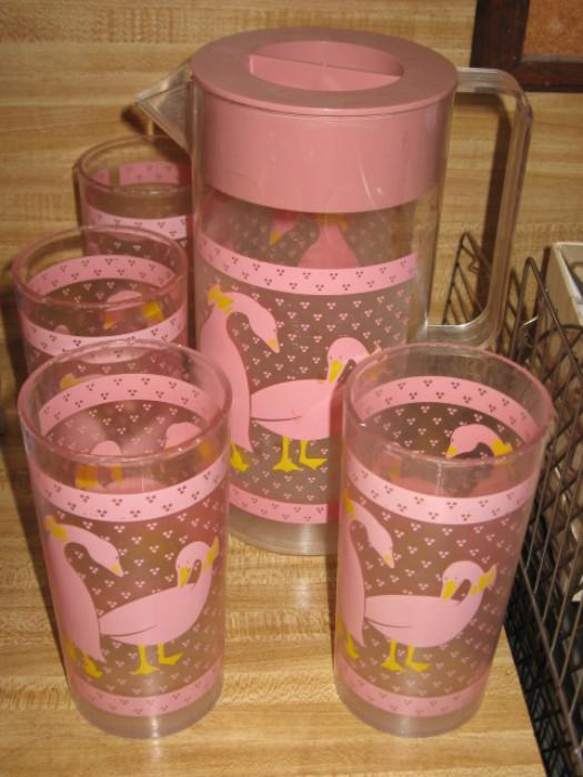 vintage Pink  goose pitcher with four glasses