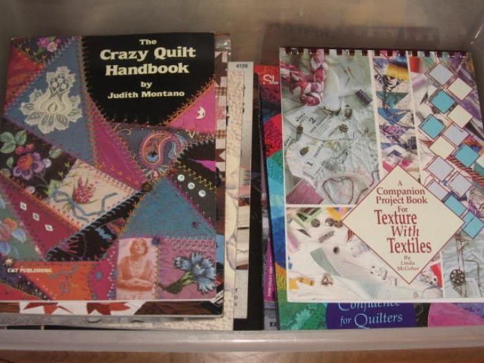Assorted quilting material, tram, sewing patterns, knitting patterns, embroidery hoops, various craft handbooks, ribbon, buttons, and knitting needles