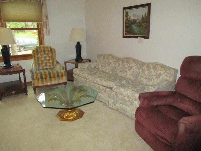 3 cushion Sofa, Recliner, End Tables, Lamps, Occasional Chairs