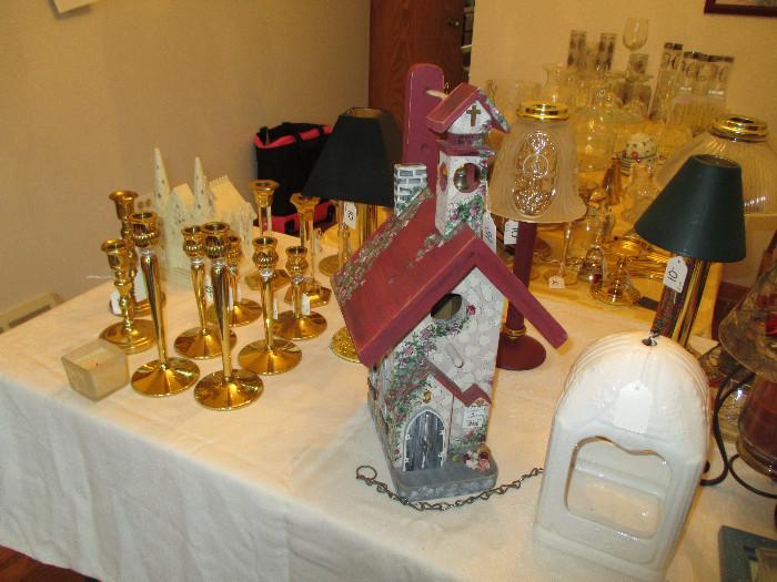Brass Candle sticks, candle lamps, bird houses, etc.