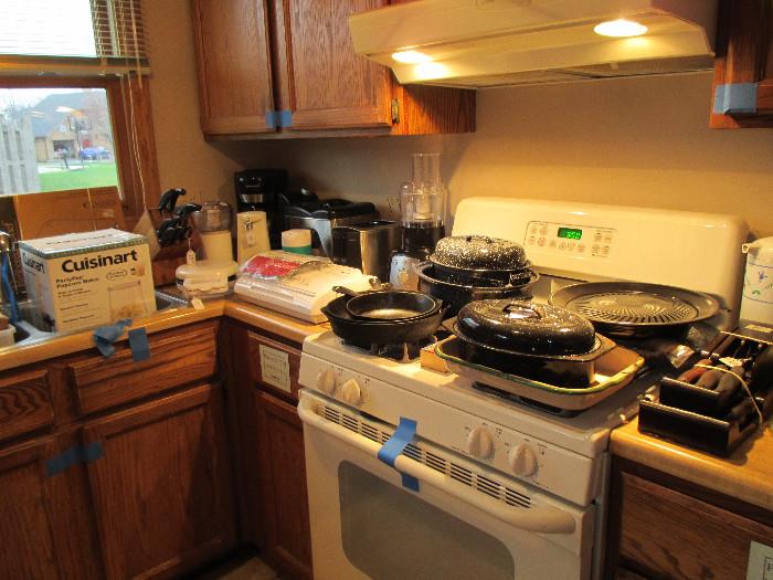 cast iron skillets, roasting pans, small appliances