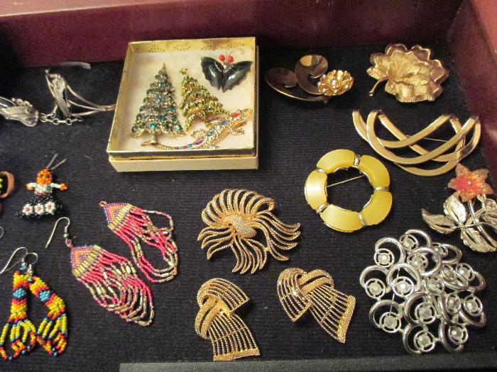 vintage brooches, beaded earrings, Christmas pins