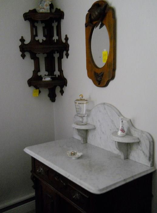 marble-top washstand, Victorian corner wall shelf, etc.