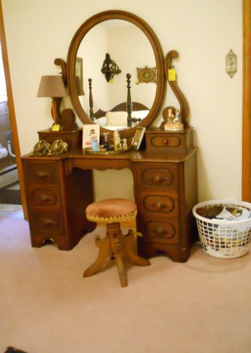 antique vanity w/mirror, organ stool, etc.