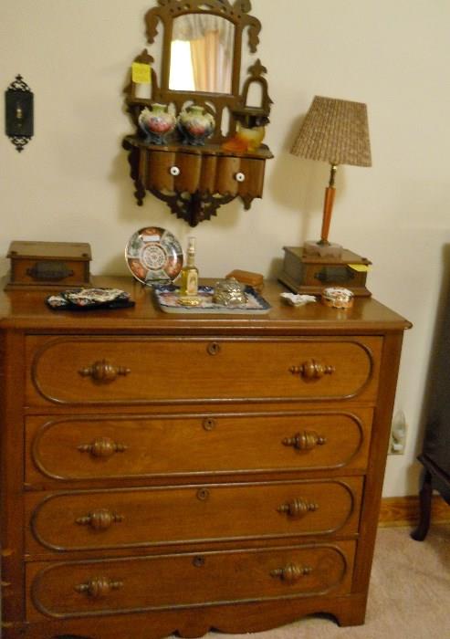 antique dresser, lamp, wall shelf, etc.