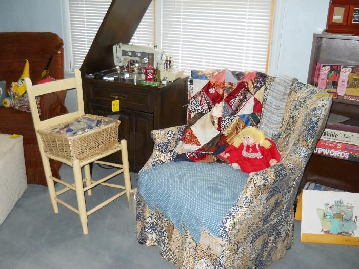 sewing machine, sewing items, o/s chair, etc.