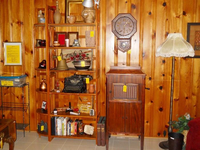 floor model wind-up record player, oak wall clock, floor lamp, etc.