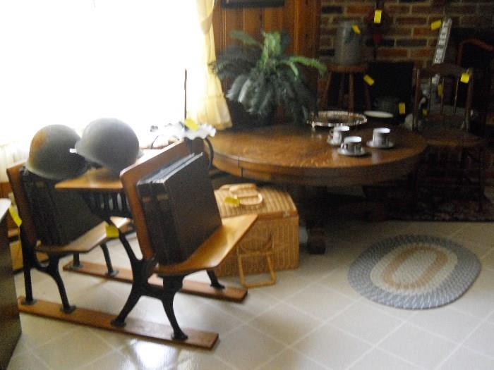 child's vintage school desk, helmets, round oak coffee table, etc.