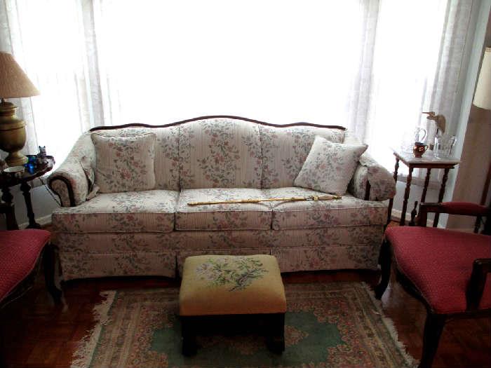 Living Room Sofa.   Needlepoint footstool