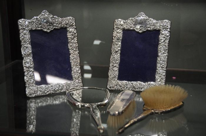Sterling silver repousse picture frames, vanity set