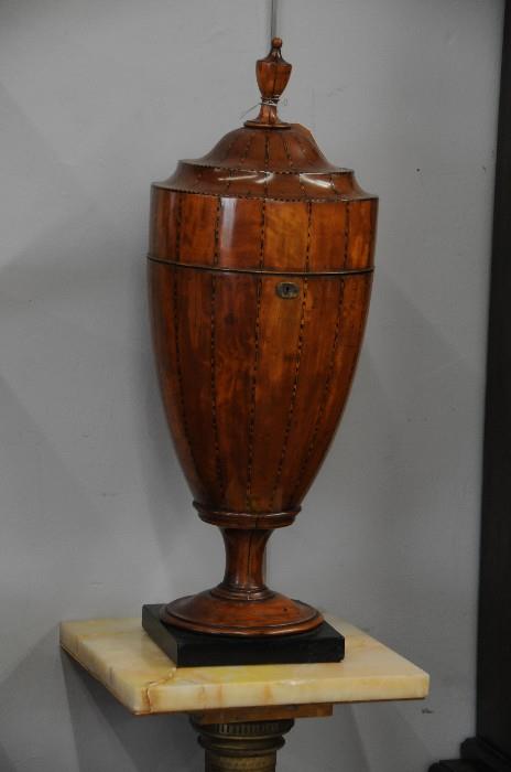 Wood inlaid urn