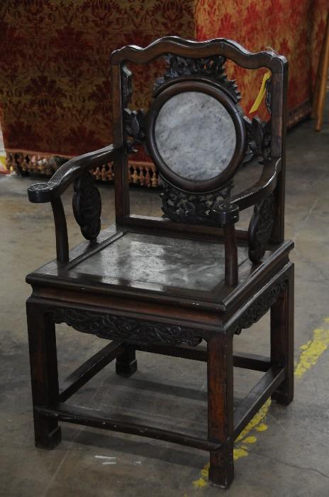 Wood carved and stone insert Chinese chair