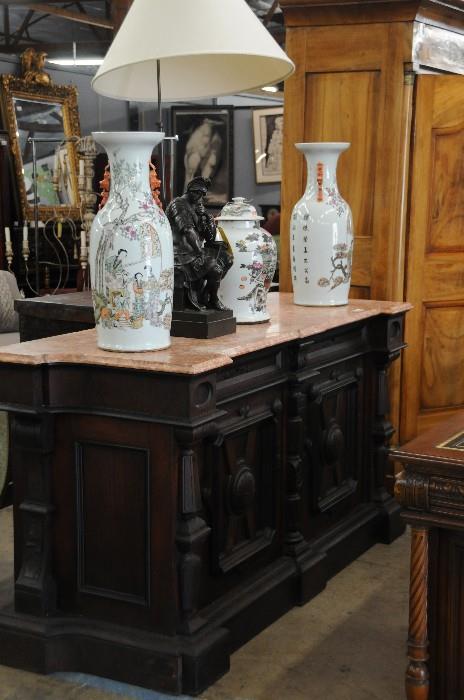 Chinese ceramic vases, carved antique cabinet