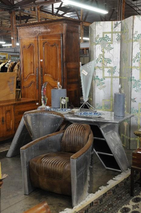 Metal and leather office desk, chair, and club chair, silvered decorated screen