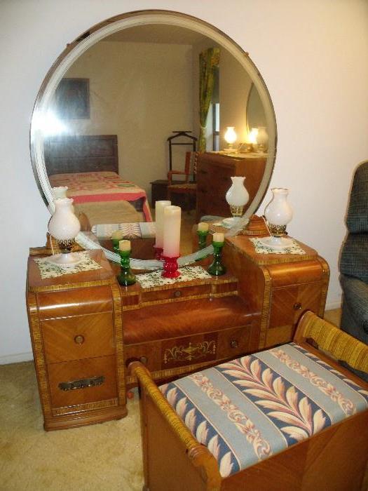 Waterfall Mid-Century Vanity with bench and inlay.  Beautiful craftsmanship