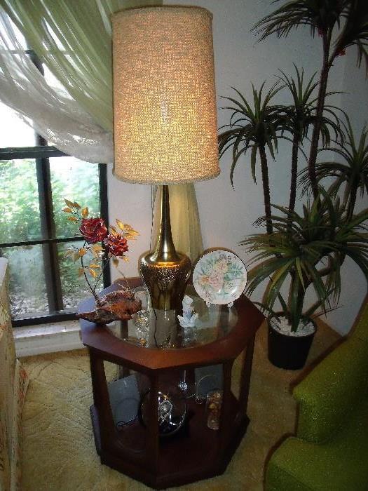 One of two retro table lamps on octagonal table