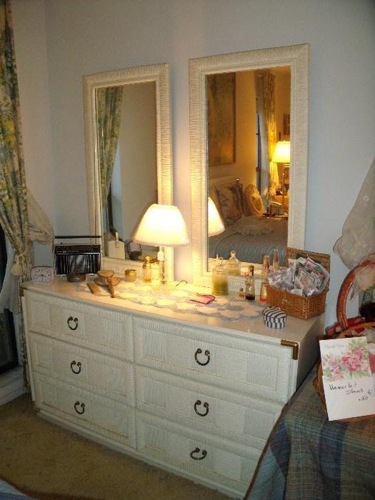 White wicker double dresser with 2 mirrors