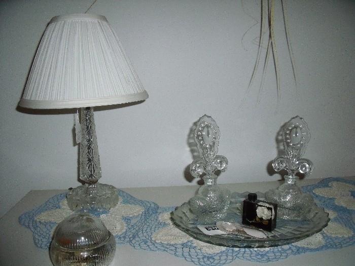 Lovely vintage glass perfume set with glass lamp