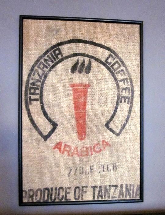 Framed vintage coffee sack, Tanzania