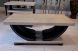 Vintage deco coffee table, painted black, covered shelves
