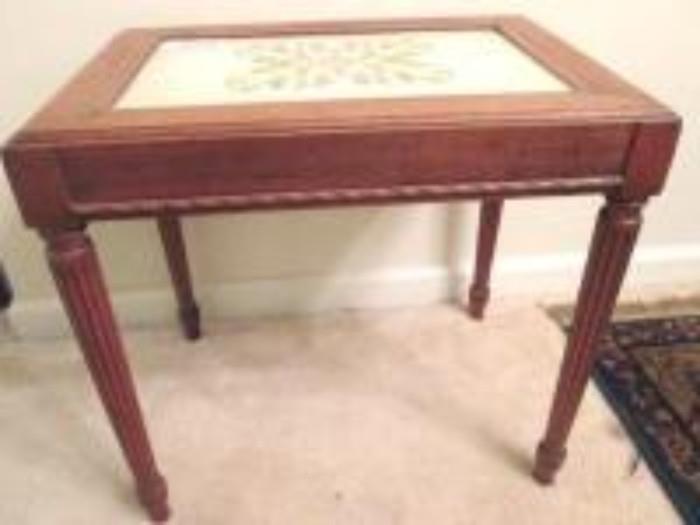 Antique / Vintage Table with Glass Top Inset with Hand Made NeedlePoint