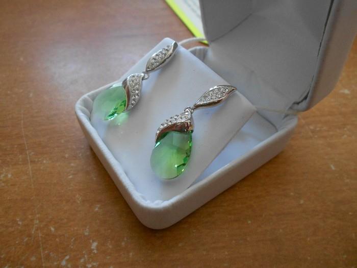 fern green and white swarovski crystal earrings