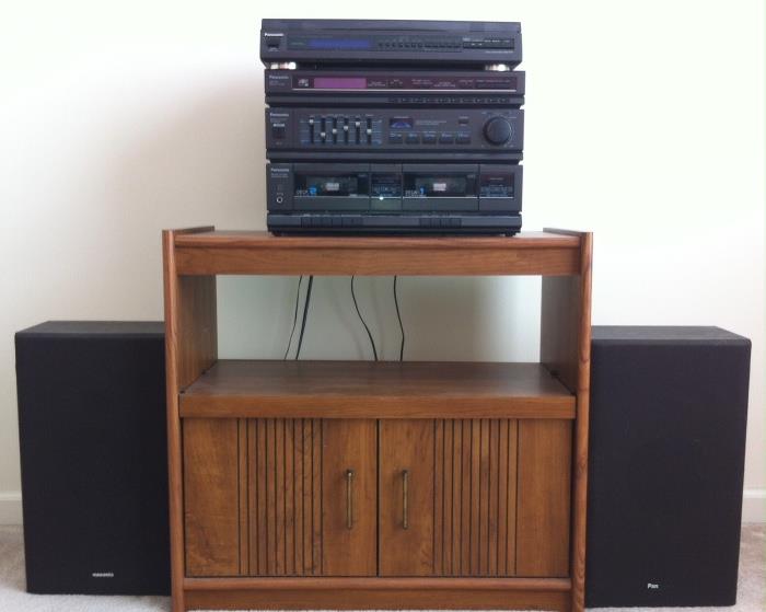 Microwave/TV stand, and Panasonic CD/cassette/radio with speakers.