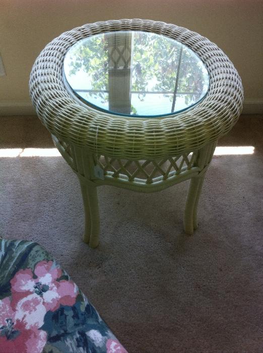 Lane wicker furniture--lighted etagere, chair, ottoman and side table.