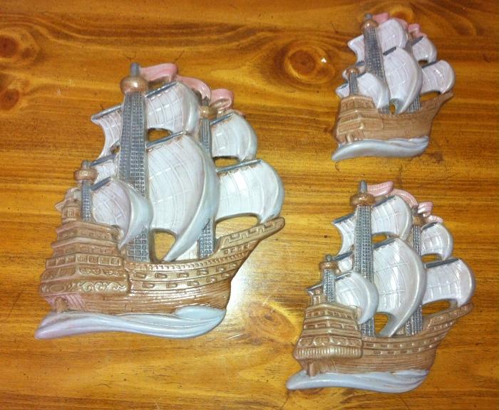 Plaster wall plaques--3 ships.
