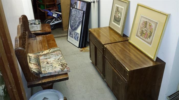 SOLID WOOD BENCH, TAPESTRY, SIGNED ART & NAMED BRAND NIGHT STANDS