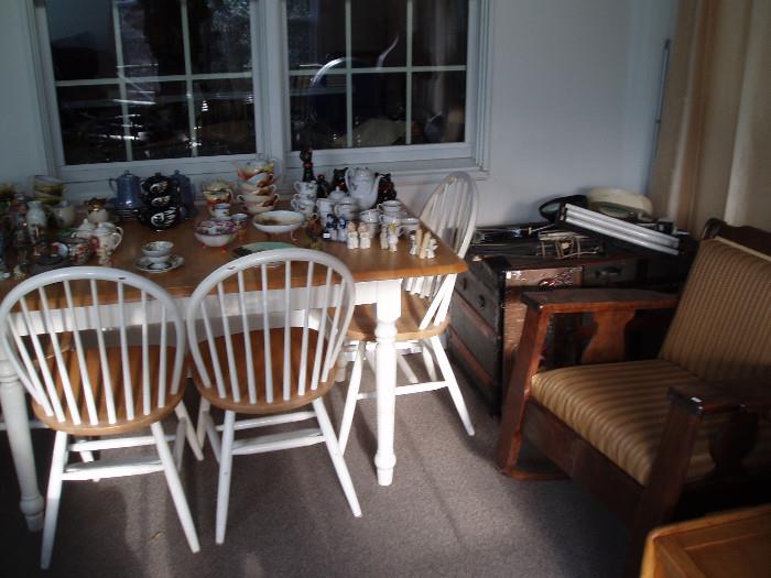 kitchen set, old trunks, antique chairs, vintage tox box, teapot sets