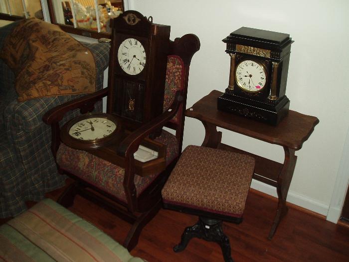 eastlake rocking chair, old organ stool, old clocks