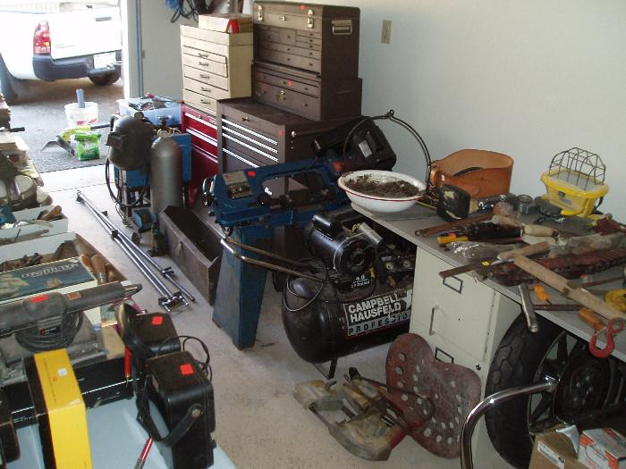 lots of tools, air compressor, horizontal band saw, mig welder, machinist tool boxes, tractor seat