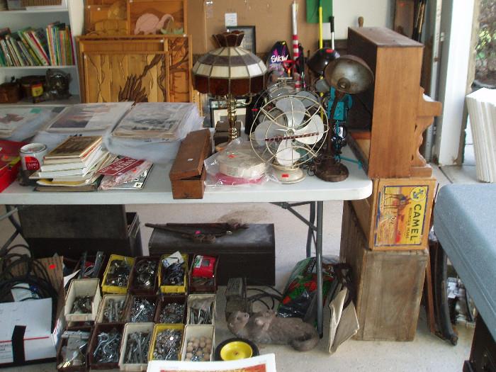 old fans, desk lamps, schoenhut piano, advertising boxes, hardware