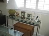 Chrome Glass-Top Sofa Table and Lalique Lamp