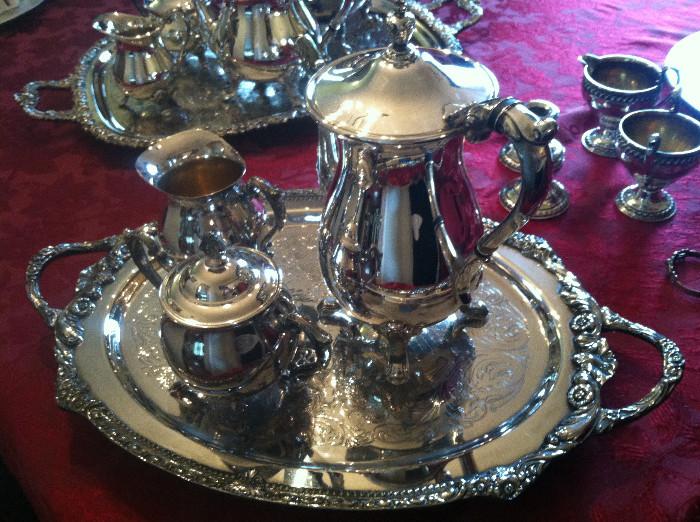 One of two beautiful silver-plate tea services. Of course we've polished them to a brilliant, burnished shine!!